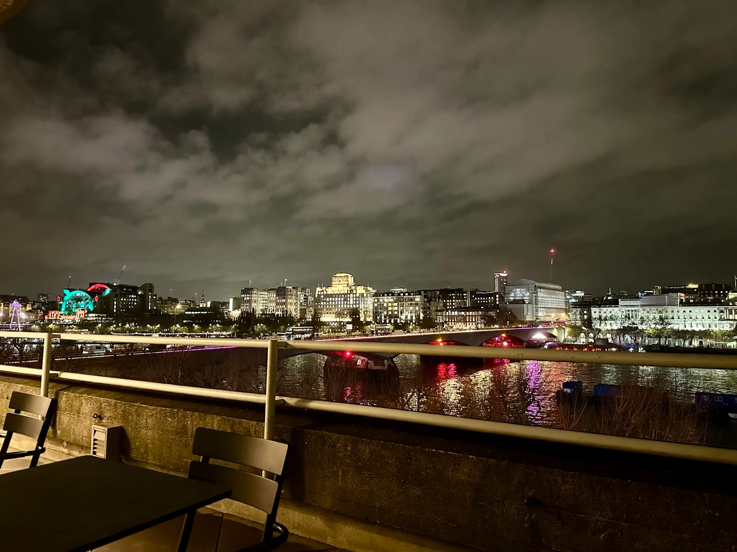 The Thames and north bank beneath a dramatic sky, photographed from a balcony at the National Theatre